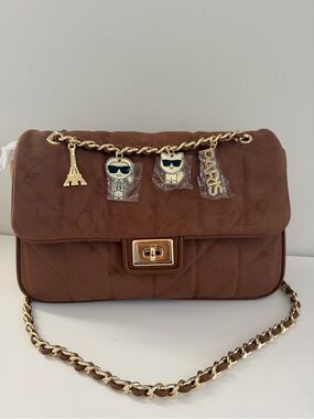 Karl Lagerfeld Quilted Brown Shoulder Bag with Gold Chain and Charms